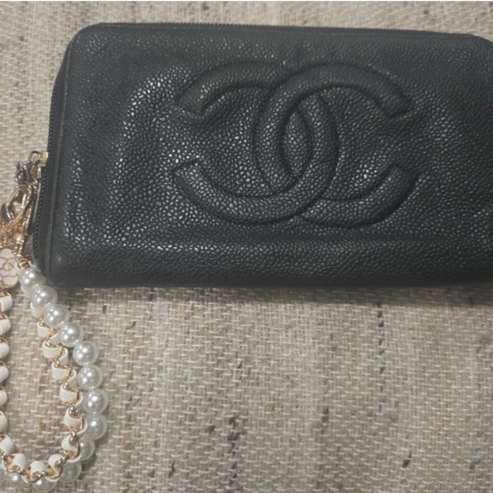 Chanel Black Leather Wallet with Pearl Chain